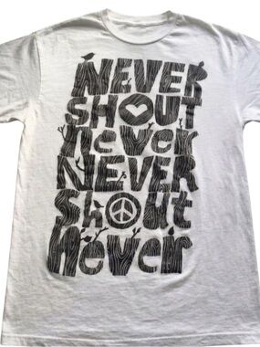 White Tee with Black Woodgrain 'Never Shout' Graphic